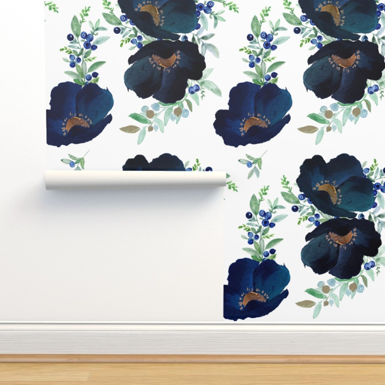 Blueberry Blue Purple Gold Floral Flowers Large Print Nursery Decor Wedding Custom Removable Wallpaper by Spoonflower Peel & Stick Wallpaper 2FT Wide